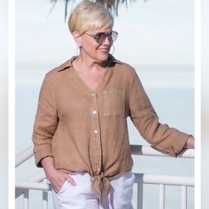 Tina Stephens 100% Linen Made In Italy Tie Front Top Size M